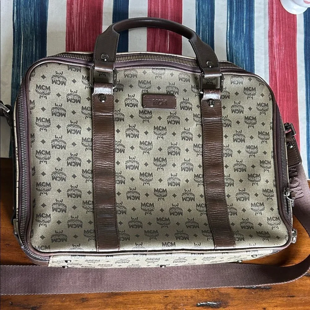 MCM Monogram Brown and Cream Briefcase impeccable